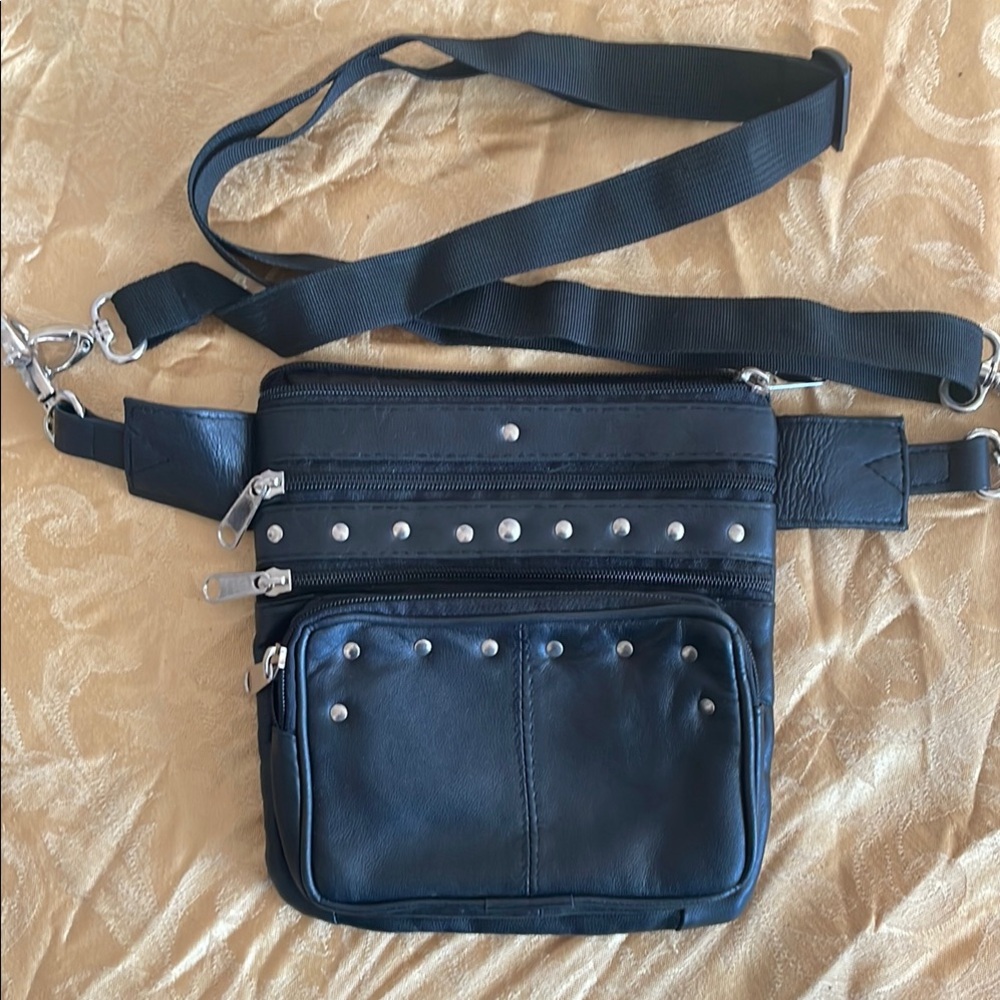 Black Leather Crossbody Bag with Studs